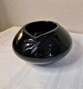 Black Glass Art Deco Bowl Vase Handblown polished Vintage - Picture 1 of 7
