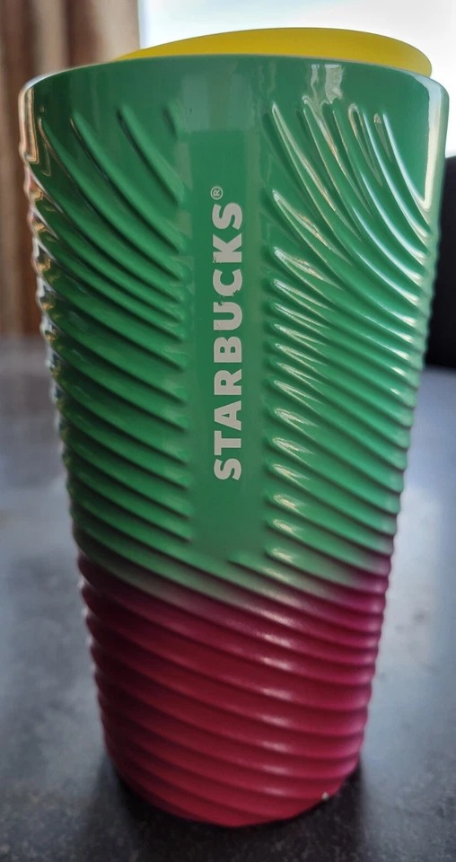 Starbucks Swirl Ceramic Coffee Travel Tumbler Mug - Pink/ Green -