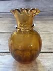Vtg Pilgrim Glass Hand Blown Amber Small Bud Vase Ruffled Rim Applied Swirl 4.5?