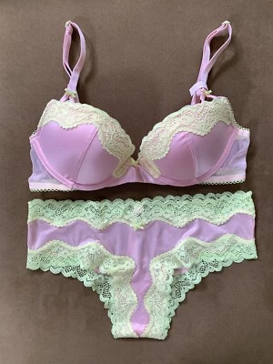 NEW Victoria's Secret Tease Push Up Bra & Cheeky Panty Set Pink Yellow - Image 1 of 4