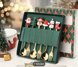 Collection of 6 Pcs Christmas Silverware Cutlery Set Dessert Stainless Steel - Picture 1 of 5