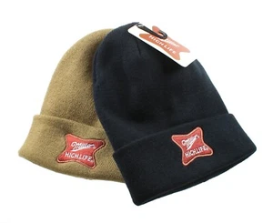 (2) MILLER HIGH LIFE SQUARE LABEL PATCH KNIT CUFF BEANIE GOLD BLACK BEER - Picture 1 of 3