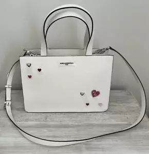 NWT $228 KARL LAGERFELD WHITE MEDIUM SATCHEL/CROSSBODY BAG with HEARTS - Picture 1 of 11
