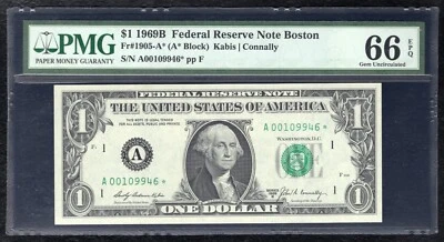 FR. 1905-A* 1969-B $1 *STAR* FEDERAL RESERVE NOTE BOSTON, MA PMG GEM UNC-66EPQ - Image 1 of 2