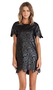 JOA Of Los Angeles Little Black Mini Dress Faux Leather Lace Overlay Women's Med - Picture 1 of 10