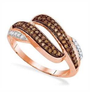 10K Rose Gold Chocolate Brown & White Diamond Ring Open Band .33ct - Picture 1 of 3