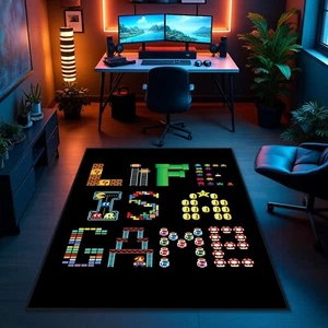 Retro Video Game Rug Black Nonslip Washable Playroom Carpet Gamer Arcade Mat - Picture 1 of 4