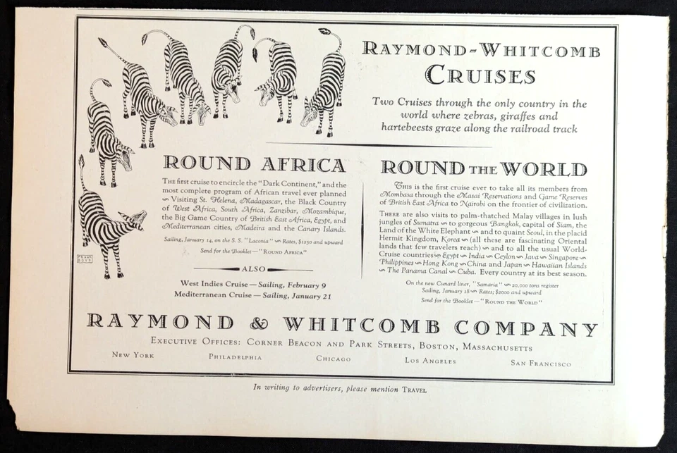 Anuncio impreso antiguo original de Raymond & Whitcomb Cruises Africa 1927 Foto 1 de 2