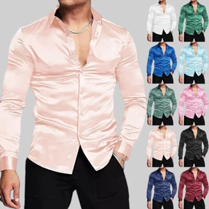 Men Solid Slim Fit Pullover Turn-down Collar Long Sleeve T-shirt Tops Tee Blouse - Picture 1 of 30