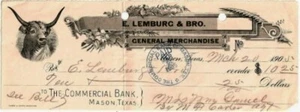 E LEMBURG & BRO MASON TEXAS CHECK LONGHORN CATTLE VIGNETTE COMMERCIAL BANK GAMEL - Picture 1 of 1