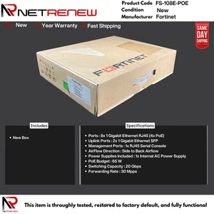 NEW Fortinet FS-108E-POE FortiSwitch Gigabit Managed 8 Port PoE Switch - Picture 1 of 1