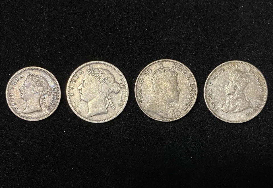 Lot of 4 Straits Settlements Silver Coins - Queen Victoria, Edward VII, George V - Image 1 of 2