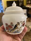 Avon Milk Glass Oriental Bird Design White Jar With Lid Candle Holder vintage