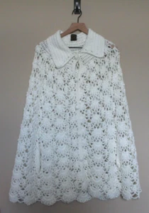 Vintage 60s 70s Cape Shawl White Crochet Collared Boho Hippie One Size Morsly - Picture 1 of 5