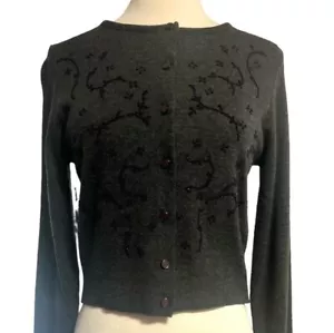 Vintage 1990’s Fitted Beaded Pinup Style Cardigan,Dark Gray with Black, Small - Picture 1 of 8