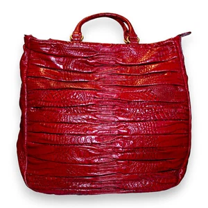 Brahmin Red Pin Tucks Tote Leather Croc Carryall Bag Detachable Strap NWT HTF - Picture 1 of 11