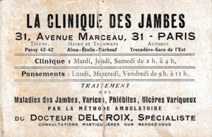 France, 1922, Vintage Advertising Visit Card - La Clinique des Jambes, Paris - Picture 1 of 2