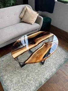 Clear Epoxy Oval Coffee Table - Handmade Acacia Wood Side Table Modern Style - Picture 1 of 11
