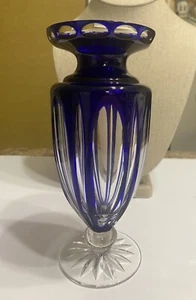Hand Signed Faberge Cobalt Blue Cut to Clear Crystal Vase 7” Classic - Picture 1 of 8