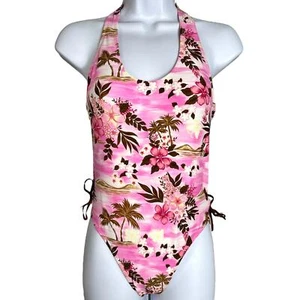 Vintage New Horizons Size 16 NWT Side Tie One Piece Pink Tropical Print Swimsuit - Picture 1 of 12
