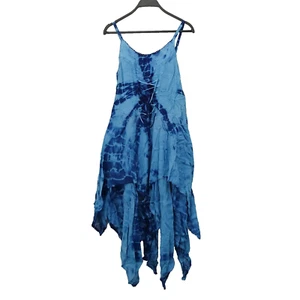 Blue Tie Dye Lace Up Asymmetric Dress Renaissance Fairy Grunge Boho Festival - Picture 1 of 10
