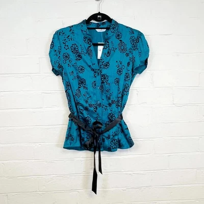 New Look Y2K Satin Devore Blouse Short Sleeve Belted Teal Blue & Black Size 14 - Image 1 of 4