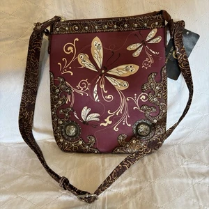 Cowgirl Trendy Libelle Handtasche Burgund Schultertasche Strass Nieten - Bild 1 von 8