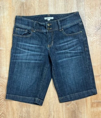 CAbi Dark Wash Bermuda Denim Shorts Size 4 Mid Rise Stretch Slightly Distressed - Image 1 of 4