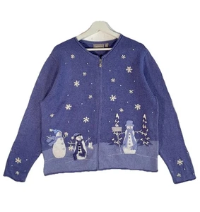 Vintage Croft & Barrow Weihnachtspullover Damen Petite XL blau Ramie Schneemann durchgehender Reißverschluss - Bild 1 von 9