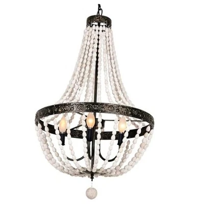 Boho Pendant Light 16 Inch 3-Light Wood Beaded Chandelier Rustic 7204 Grey 16" - Image 1 of 4