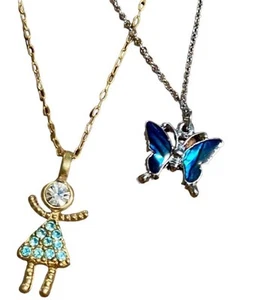 Lot of 2 1990’s Pendant Necklaces, Butterfly & Girl, Silver & gold Chains - Picture 1 of 4