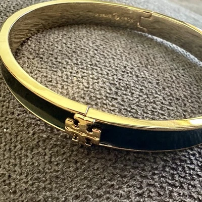 New Authentic Tory Burch Kira 18K-Gold-Plated & Enamel Hinged Bangle with Tag - Image 1 of 4