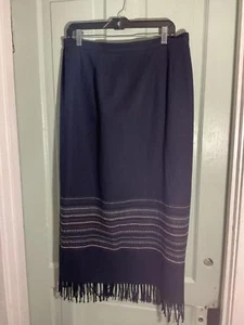 Briggs New York Wool Blend Navy Blue Fringe Skirt Intricate Design Size 16 - Picture 1 of 11