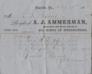 1867 antike Billhead A. J. Ammerman Großhandelsware - Danville, PA - Bild 1 von 5