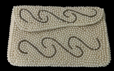 Pearl Bead Coin Purse Wallet w/ Glass Bead Trim  Snap Closure Credit Card Vtg - Image 1 of 4