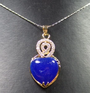 Yellow Gold Plated Blue Jade Love Heart Imitation Diamond Pendant Chain Necklace - Picture 1 of 7