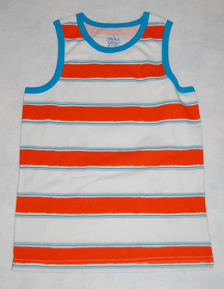 Boys Tank Top ORANGE WHITE STRIPE Turquoise Trim M 8 L 10-12 XL 14-16 XXL 18  - Image 1 of 1