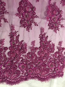 Magenta Flowers Embroider And Heavy beading On A Mesh Lace Fabric-prom-by yard. - Picture 1 of 6