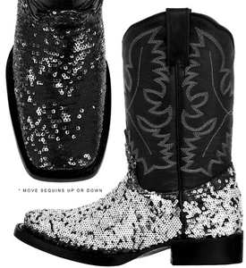 Womens Western Cowboy Boots Real Leather Sequins Square Toe Botas Vaquera - Picture 1 of 6