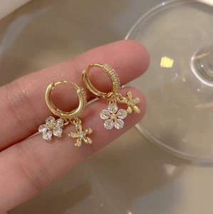 Women Girl 18K Gold Plated DROP DANGLE FLOWER CZ 10mm HOOP Huggie EARRINGS TH5 - Picture 1 of 6