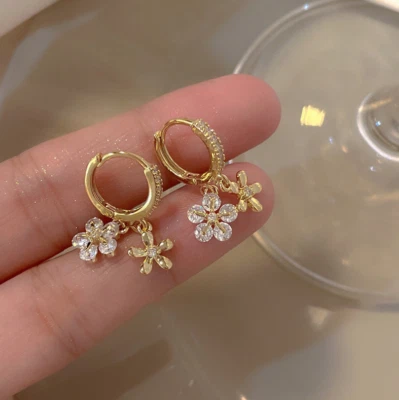 Women Girl 18K Gold Plated DROP DANGLE FLOWER CZ 10mm HOOP Huggie EARRINGS TH5 - Image 1 of 4