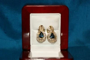 Elegant Vintage 14 Kt Yellow Gold London Blue Topaz and Diamond Earrings - Picture 1 of 11