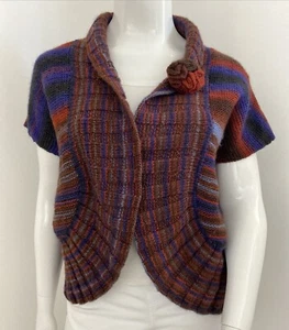 14-16 / L-XL Chunky Hand Knitted Colourful Stripe Pure Wool Open Cardigan - Picture 1 of 10