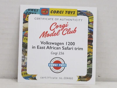 Zertifikat / Certificate of Authenticity VW 1200 East African Corgi 256 Re-Issue - Bild 1 von 2