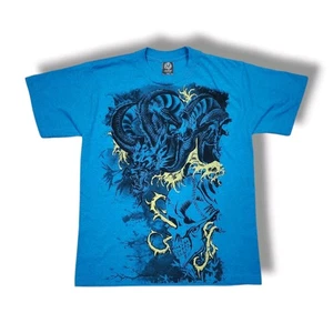 Vintage Dragon Skull Asian Themed Grunge Blue Y2K Hybrid Tees T-Shirt Youths L - Picture 1 of 8