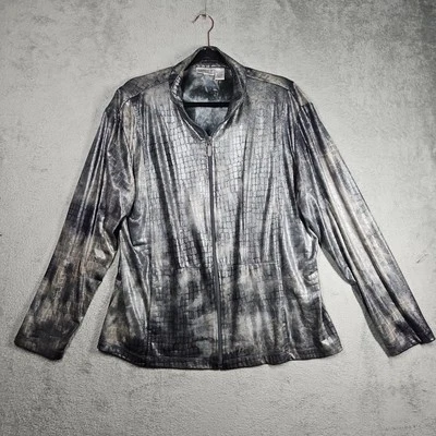 CHICO'S Snakeskin Silver Gray Metallic Shimmer Slinky Full Zip Jacket Top Sz 3 L - Image 1 of 4