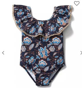 Girls Janie And Jack Blue And Gold Paisley Floral Ruffle Swimsuit Size 5 - Picture 1 of 8
