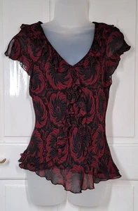 Top Laura Ashley 14 arruffati testurizzati float seta trasparente vintage Y2K rosso e nero - Foto 1 di 11