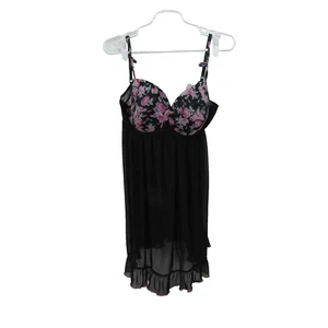 Fantasy Dessous Babydoll Damen 1X 2X schwarz rosa Blumen transparent Netz Nachthemd Plus - Bild 1 von 11