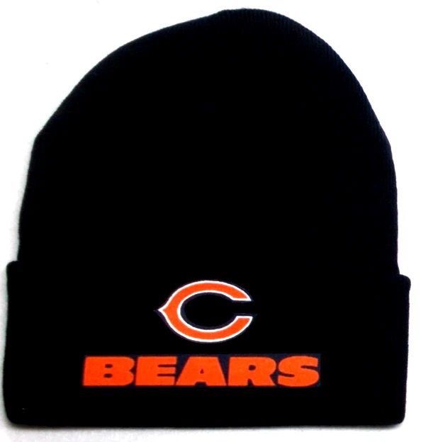 Chicago Bears flat applique logo on Navy Blue beanie cap hat. See details
